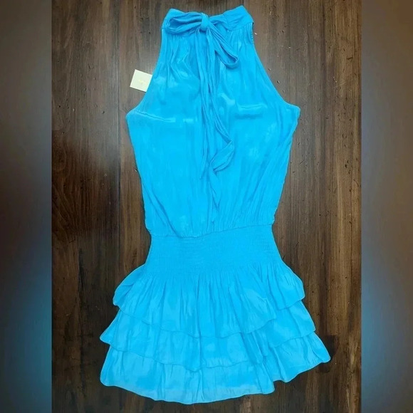 Ramy Brook Hudson Dress Size Small Tropical Blue Halter Tie Top Tiered Ruffle - Picture 3 of 12